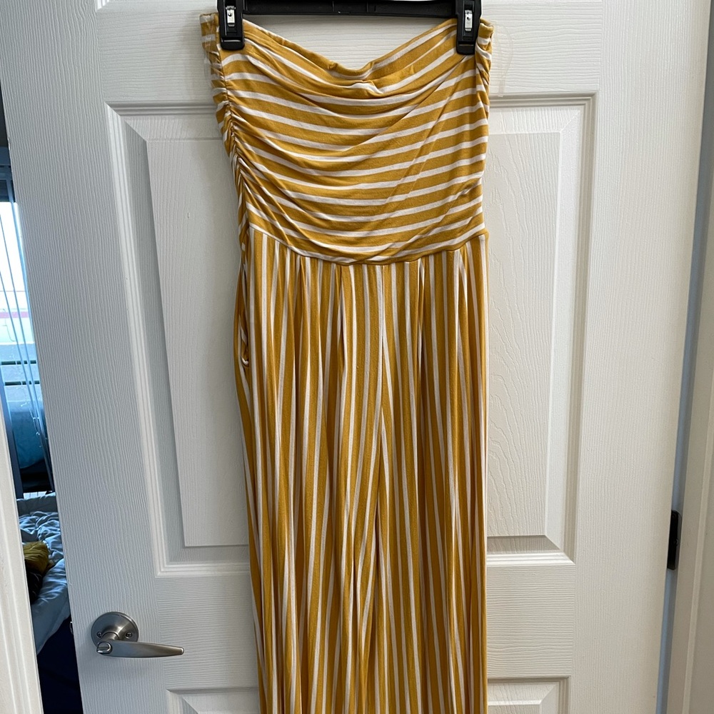 Yellow Striped Strapless Long Jumpsuit